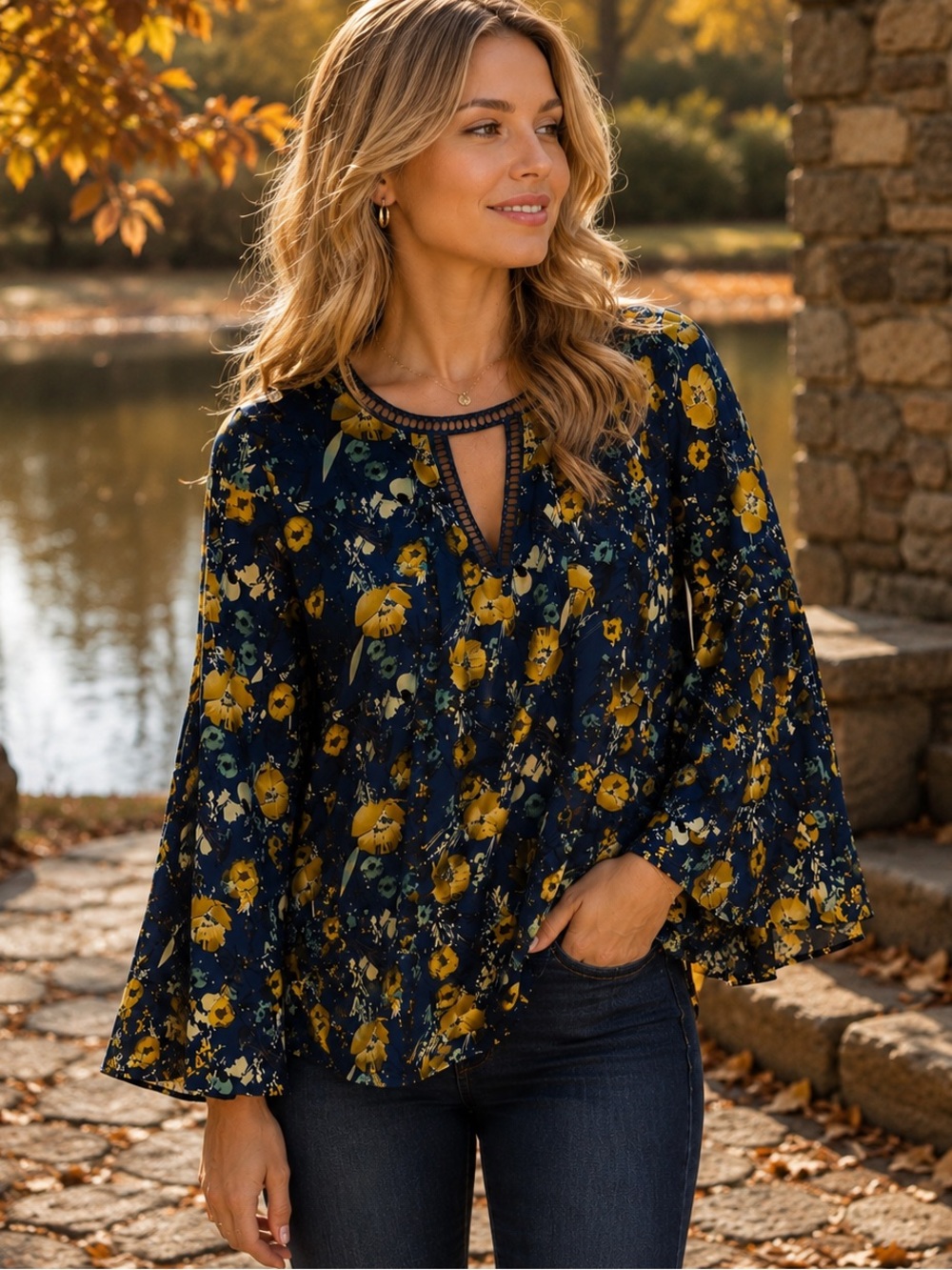 Umgee Navy Floral Blouse Tunic Mustard Yellow Flowers Crochet Trim Boho M EUC